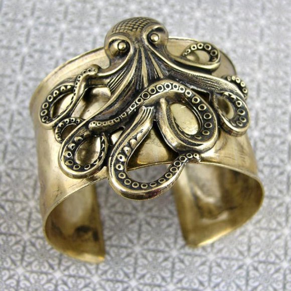 Jane B Vintage Jewelry - Octopus Cuff Bracelet in Antique Gold, USA Made